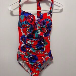 Seafolly Floral One Piece Swim Suit Red Halter Tie Back